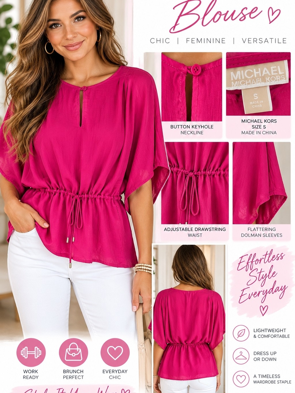 Michael Kors Hot Pink Drawstring Waist Blouse